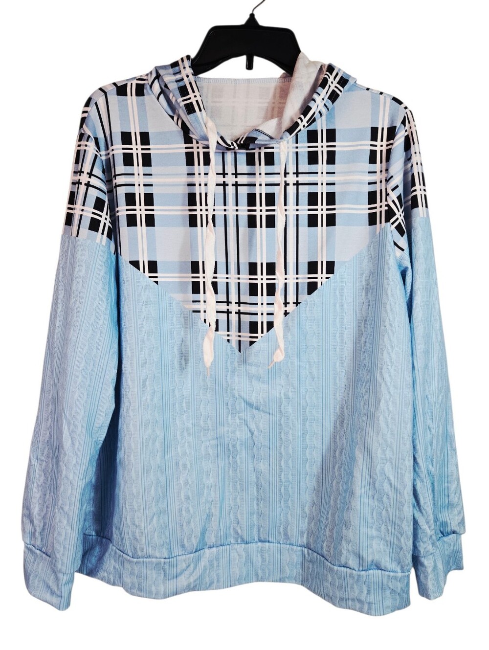 Baby Blue | Plaid Hooded Pullover | Cozy Lightweight Top | Size XL